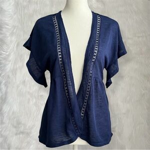 Two Self Esteem Open Front Cardigans With Lattice Detail In Navy Blue & White